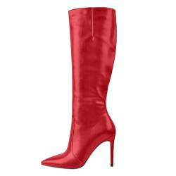 blingqueen Damen Stiefel Klassisch Spitze Stiletto Boots Kniehohe Langschaft Stiefel Lederimitat Rot 38 EU von blingqueen