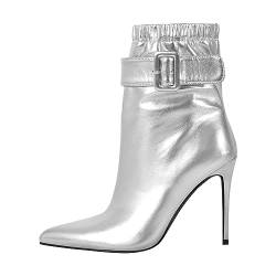 blingqueen Damen Stiletto Stiefeletten Spitze Damenstiefel High Heels Reißverschluss Metallic Silber 39 EU von blingqueen