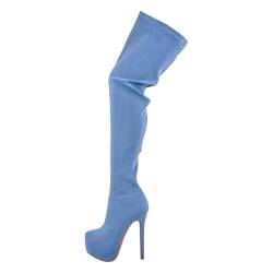 blingqueen Damen Stretch Stiefel Overknee Plateau Stiletto Boots Veloursoptik Blau 40 EU von blingqueen