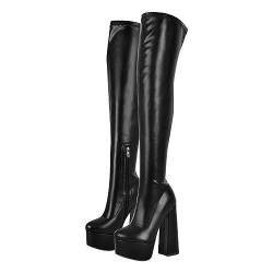 blingqueen Damen Stretch Stiefel Plateau Overknee Boots mit Blockabsatz Lederimitat Schwarz 38 EU von blingqueen