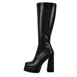blingqueen Eckige Stiefel Plateau Blockabsatz Damen Knee High Boots mit Reißverschluss Kunstleder Schwarz 36 EU von blingqueen