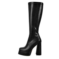 blingqueen Eckige Stiefel Plateau Blockabsatz Damen Knee High Boots mit Reißverschluss Kunstleder Schwarz 44 EU von blingqueen