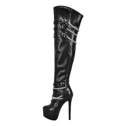 blingqueen Frauen Overknee Stiefel Plateau Gothic Stiefel mit Metall Ketten Schnallen Kunstleder Schwarz 36 EU von blingqueen