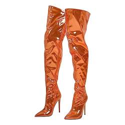 blingqueen Overknee Damen Stiefel Stiletto Metallic Boots Lack Orange 38 EU von blingqueen