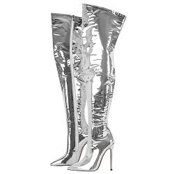 blingqueen Overknee Stiefel Damen Stiletto Lack Boots Metallic Silber 38 EU von blingqueen