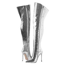 blingqueen Overknee Stiefel Damen Stiletto Lack Boots Metallic Silber 42 EU von blingqueen