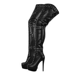 blingqueen Plateau Overknee für Damen Thigh High Boots Stiletto Stiefel mit Nieten Reißverschluss Warm Gefüttert Schwarz 43 EU von blingqueen