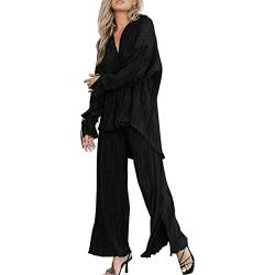 bolukets Damen Zweiteiler Plissee Casual Outfits Revers Knopfleiste Langarmshirt + Hoher Taille Weite Hose Elegant Hosenanzug Loungewear Streetwear Lose Freizeithose Bluse,A-Schwarz,XL von bolukets