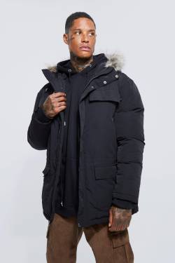 Arctic-Parka Und Kapuze Und Fellimitat - Black - S, Black von boohoo