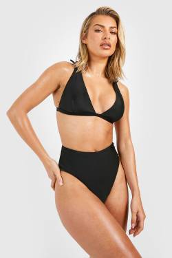 Bikini-Set Mit Geschnürten Trägern, Tiefem Ausschnitt Und Hohem Bund - Black - 36, Black von boohoo