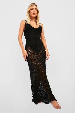 Gehäkeltes Rundhals-Strandkleid Mit Muschelsaum - Black - L, Black von boohoo