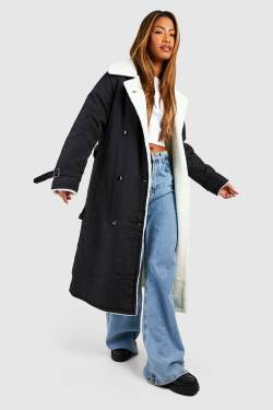 Gepolsterter Trenchcoat Mit Borg-Futter - Black - 36, Black von boohoo