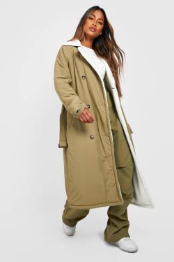 Gepolsterter Trenchcoat Mit Borg-Futter - Khaki - 38, Khaki von boohoo