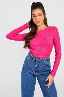 Gerippter Rundhals-Pullover - Fuchsia - M, Fuchsia von boohoo