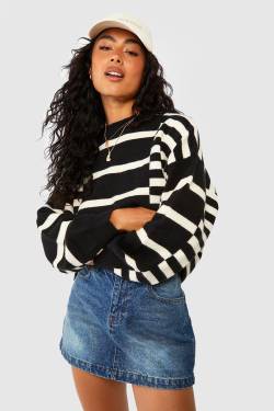 Gestreifter Oversize Pullover - Black - L, Black von boohoo