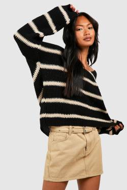 Gestreifter Oversize Pullover Mit V-Ausschnitt - Black - L, Black von boohoo