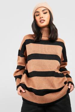 Gestreifter Oversize Strickpullover - Camel - L, Camel von boohoo