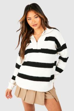 Gestreifter Pullover Mit Trichterkragen Und Halbem Reißverschluss - White - L, White von boohoo