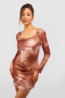 Langärmliges Mesh-Minikleid Mit Abstraktem Print - Brown - 38, Brown von boohoo