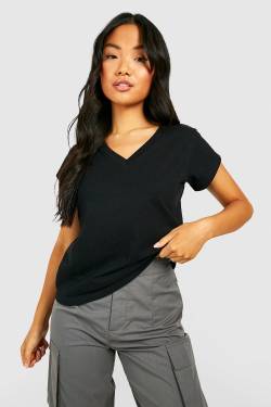 Petite Basic T-Shirt Aus Baumwolle Mit V-Ausschnitt - Black - 32, Black von boohoo