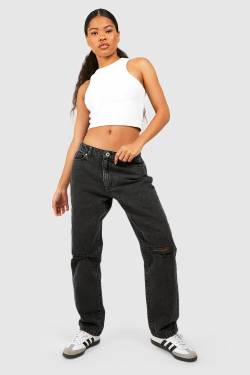 Petite Basics Jeans Mit Geradem Bein Und Riss Am Knie - Washed Black - 36, Washed Black von boohoo