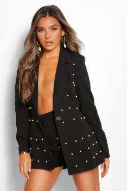 Petite Blazer Mit Perlen-Detail - Black - 42, Black von boohoo