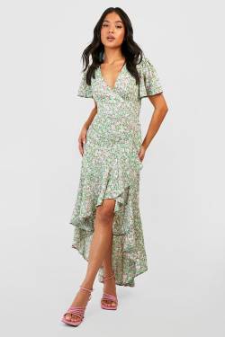 Petite Florales Wickel-Midikleid Mit Weiten Ärmeln - Green - 36, Green von boohoo