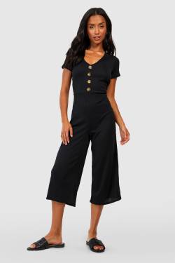 Petite Gerippter Culotte-Jumpsuit Mit Knöpfen - Black - 36, Black von boohoo