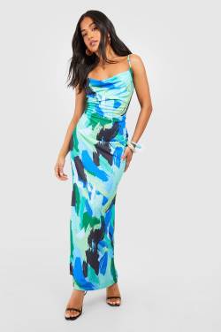 Petite Maxikleid Mit Wasserfallausschnitt Und Abstraktem Print - Blue - 34, Blue von boohoo