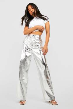 Petite Metallic Hose Mit Geradem Bein - Silver - 36, Silver von boohoo