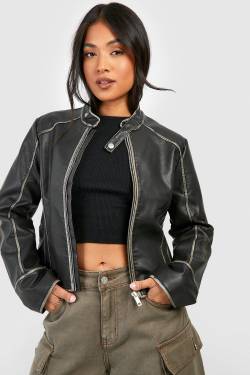 Petite Moto Kunstleder-Jacke Im Vintage-Look - Black - 34, Black von boohoo