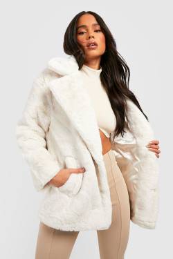 Petite Oversize Kunstfell-Mantel Oversize Kragen - Creme - 38, Creme von boohoo