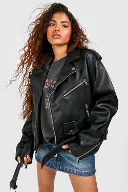 Petite Oversize Kunstleder Bikerjacke - Black - 32, Black von boohoo