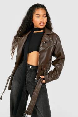 Petite Oversize Kunstleder Bikerjacke - Chocolate - 36, Chocolate von boohoo