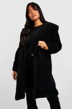 Petite Oversize Teddy-Mantel Mit Kapuze - Black - 36, Black von boohoo