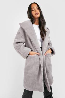 Petite Oversize Teddy-Mantel Mit Kapuze - Grey - 32, Grey von boohoo