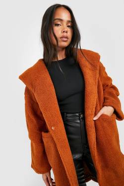 Petite Oversize Teddy-Mantel Mit Kapuze - Kamelhaarfarben - 34, Kamelhaarfarben von boohoo