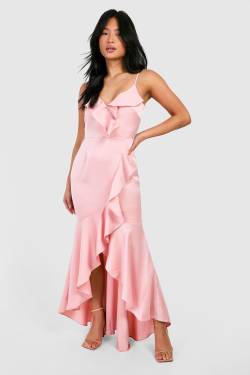 Petite Premium Satin-Maxikleid Mit Rüschen-Detail - Blush - 38, Blush von boohoo