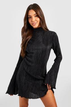 Plissee-Minikleid Mit Weiten Ärmeln - Black - 40, Black von boohoo