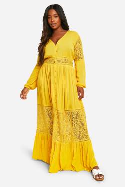 Plus Boho-Maxikleid Mit Spitzeneinsätzen - Ockergelb - 44, Ockergelb von boohoo