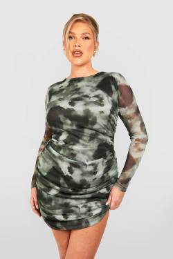 Plus Gerafftes Bodycon-Kleid Mit Print - Khaki - 42, Khaki von boohoo