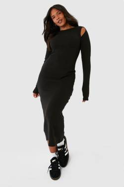 Plus Geripptes Cut-Out Midikleid - Black - 44, Black von boohoo