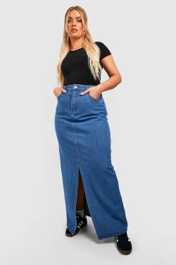 Plus Maxi-Jeansrock Mit Schlitz - Mid Blue - 42, Mid Blue von boohoo