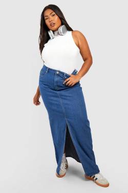 Plus Maxi-Jeansrock Mit Schlitz - Mid Blue - 44, Mid Blue von boohoo