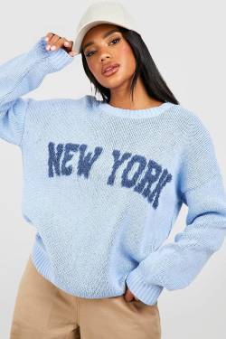 Strukturierter Pullover Mit New York Slogan - Blue - M, Blue von boohoo
