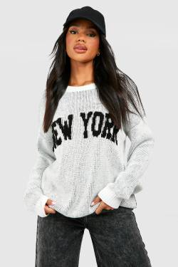 Strukturierter Pullover Mit New York Slogan - Ivory - S, Ivory von boohoo