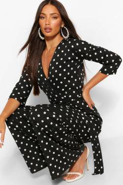 Tall Gepunkteter Wickel-Jumpsuit Mit Bindegürtel - Schwarz - 34, Schwarz von boohoo