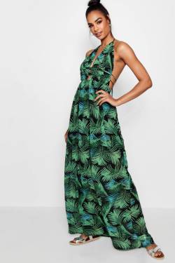 Tall Maxikleid Mit Tiefem Ausschnitt Und Palmen-Print - Blattgrün - 38, Blattgrün von boohoo