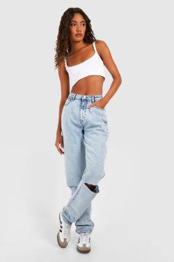 Tall Slim-Fit Jeans Mit Riss Am Knie - Acid Wash Light Blue - 42, Acid Wash Light Blue von boohoo