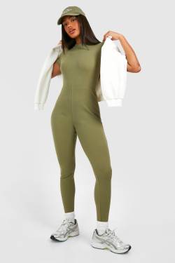 Womens Basic Cap Sleeve Rib Unitard Jumpsuit - Khaki - 10, Khaki von boohoo
